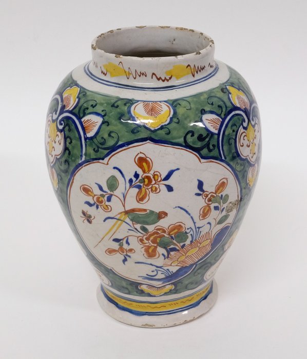 Antique 18thC Dutch Delft Delftware Pottery Polychrome Vase - Vas  - Lergods