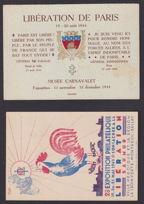 法國 1944/1945 - 展覽地圖。來自巴黎和索米爾的集郵品，附有展覽郵票。美麗的。 - Mayer