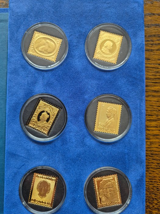 Nederländerna  - 6 st silverpläterade stämplar, guld Rembrandtstämpel och silverpläterad stämpellåda