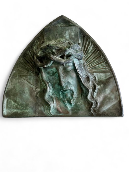 Sylvain Norga (1892-1968) - 小牌 - 1920 年代 - 头戴荆棘冠冕的基督 - 高浮雕 (2,75 公斤/ 26,5x32 厘米) - 黄铜色