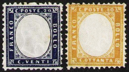 Royaume d’Italie 1862 - Vittorio Emanuele II, 20 et 80 centimes, parfaitement centré. - Sassone 2+4
