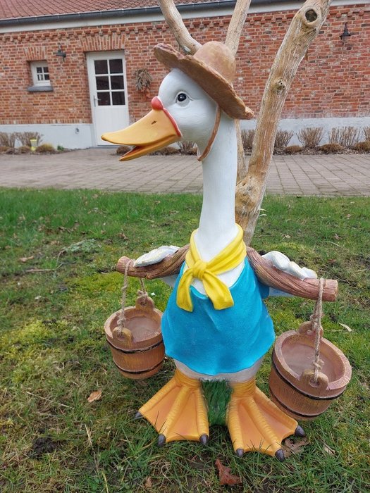 Statue, funny duck with 2 water buckets - 58 cm - Polyresin