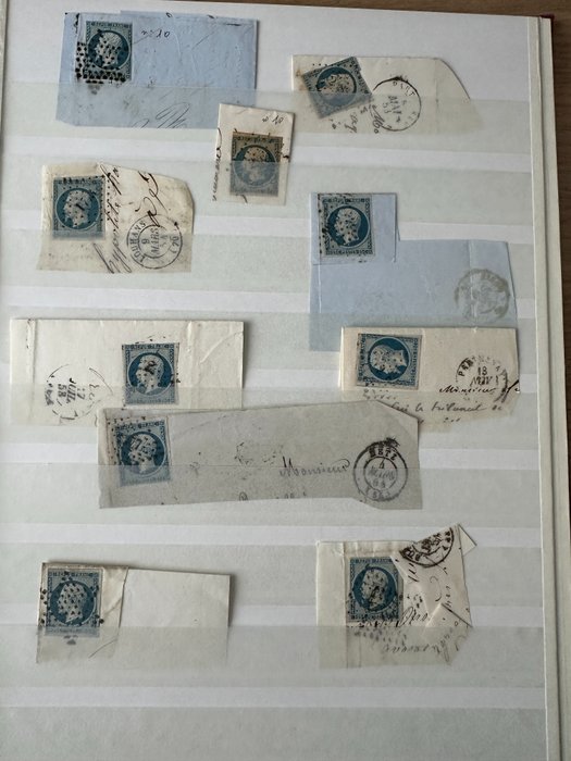 Frankrijk  - Y&T studie 10 "Napoleon 25c blue" dt tinten, stempels op fragmenten (10 stuks)