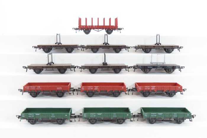 Fleischmann H0 - 5010/5011/5014/5015 - 模型貨運火車 (14) - 6 輛轉盤車、6 輛開箱車和 1 輛樁車 - DB