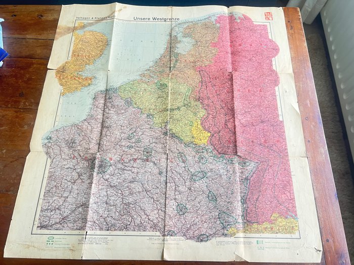 WW2 detaljert tysk vestfrontoversiktskart - Minefelt - Maginot-linjen, Kart - Westwall - Bunkers - Siegfried line - Fall Gelb - Nederland, Belgia, Frankrike, England - mai - 1940