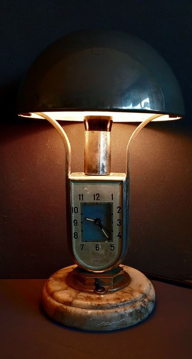 Art Deco Mofem Table Lamp with Integrated Alarm Clock - Schreibtischlampe - Nickel-Marmor
