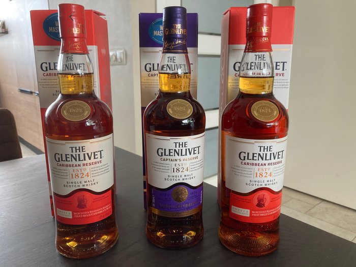 2 x Glenlivet Caribbean Reserve + Glenlivet Captain's Reserve - Original bottling  - 70cl - 3 buteleki