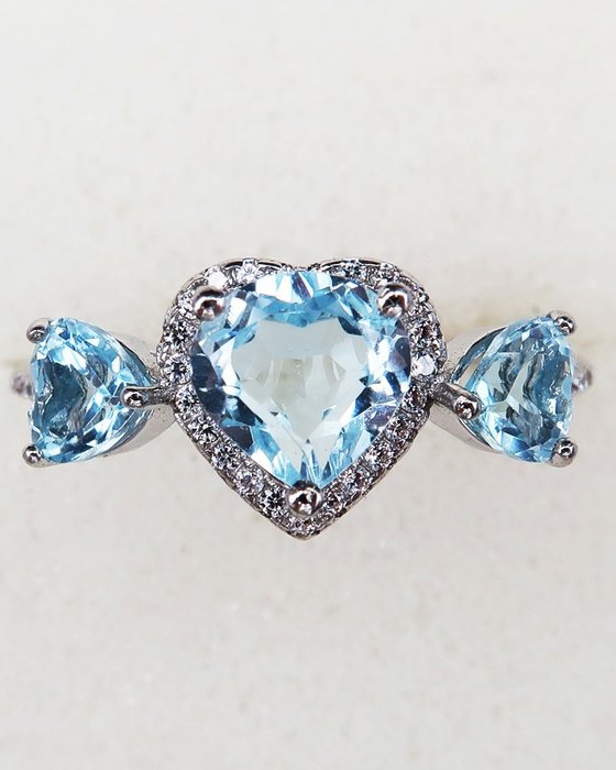 黄宝石 - 银, 信仰戒指 - 蓝色托帕石 - 刻面心形 - 治愈石 - 温和镇静的保护 - 戒指