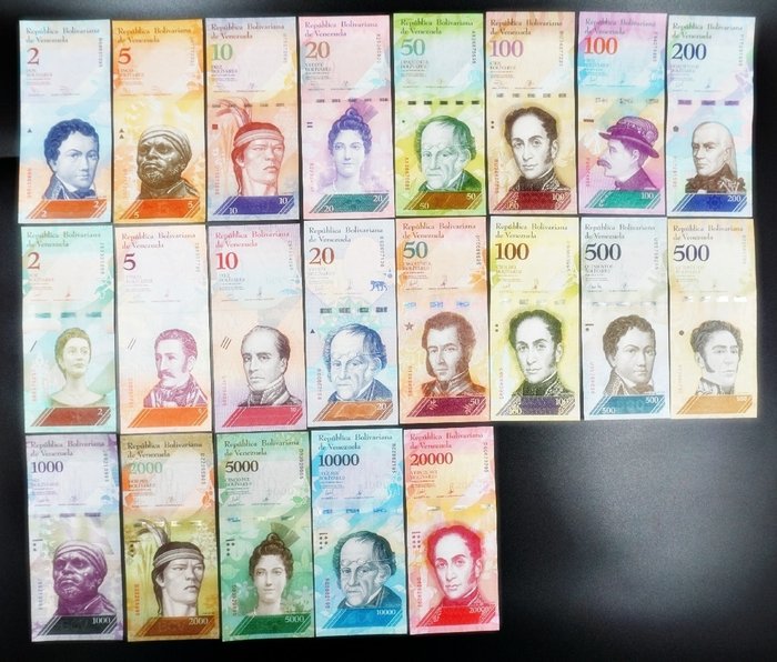 Venezuela. - 21 sets - 2 to 100000 Bolivares  2007-2018 - total of 210 banknotes  (Ei pohjahintaa)