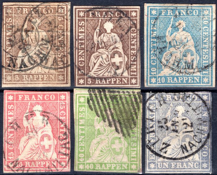 Schweiz 1855/1857 - „Allegorie der sitzenden Helvetia“ – die komplette Serie, gestempelt mit mehreren Abstempelungen, - Unificato n° 26d+26da+27d+28d+30d+31d