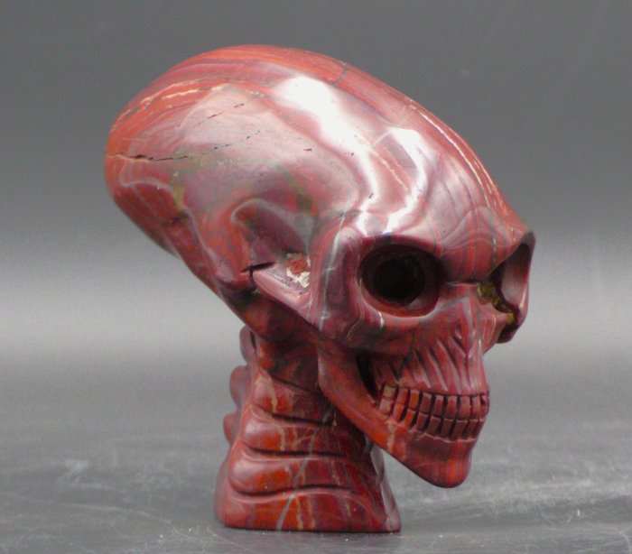 Meisterhafte Alien-Schädelskulptur mit rotem Tigerauge und länglichem Kopf – magisches Kunstwerk Geschnitzter Schädel - - - 80 mm - 100 mm - 45 mm