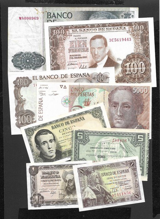Spania. - 8 banknotes - various dates  (Ingen reservasjonspris)