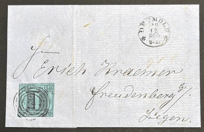 Antiga Alemanha - Thurn e Táxis 1852 - Thurn e Táxis 1852 - schöne Einzelfrankatur 1 Sgr, preußischblau aus Detmold nach Paderborn Mi.Nr. 4