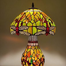 NO RESERVE!! – Tiffany stijl tafellamp Studio – Dark Green Dragonfly met 2 lichtpunten! – Tafellamp – Glas (glas-in-lood)