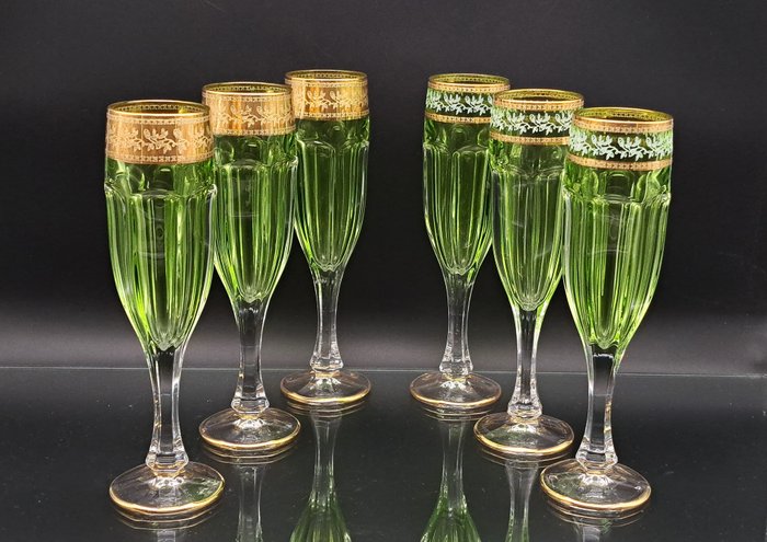 Champagneglass (6) - hånd kuttet - 999 (24 karat) gull, Krystall