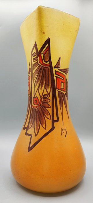 Legras & Cie. - Vase -  Große Art-Deco-Vase mit emailliertem Blumendekor und stilisierten Arabesken – signiert um 1920  - Geplatztes Glas
