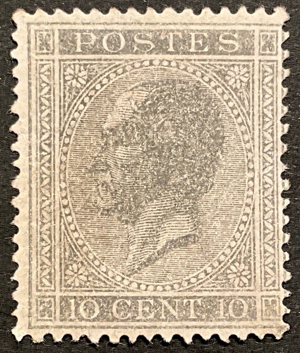 Belgien 1865/1866 - Leopold I. im Profil - 17A - 10 Rappen hellgrau - Kuriosität „Skinny / Thin print“ - OBP 17A-Cu