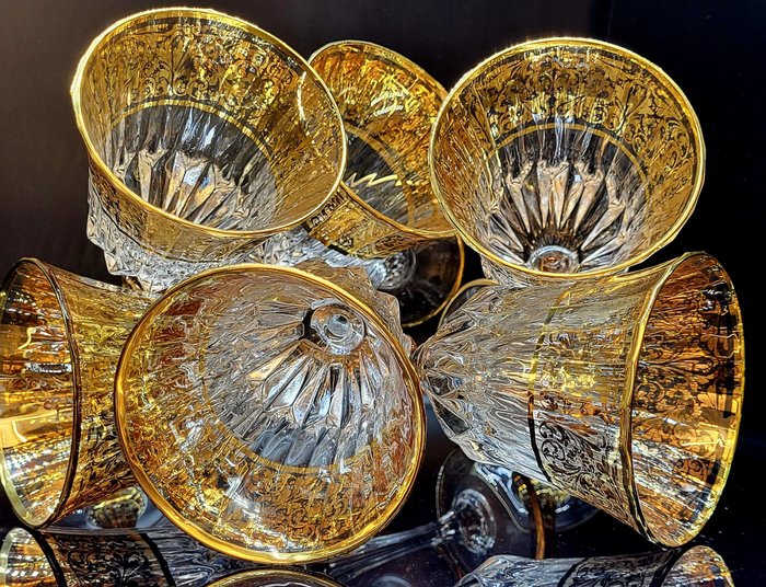 antica cristalleria italiana - Juoma-astiasto (6) - ylelliset jalokivet kultaiset pikarit - .999 (24 kt) kulta, Kristalli