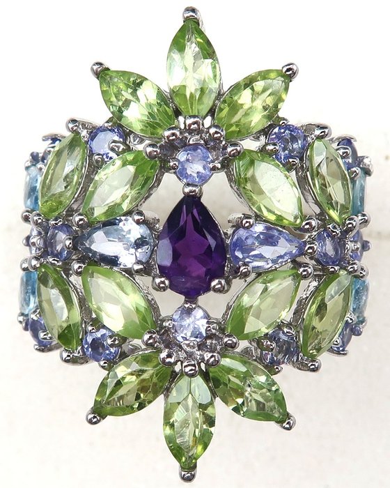 坦桑石 - 银, 尊贵戒指 - 护身符 - 财富和繁荣 - 紫水晶、橄榄石 - 戒指