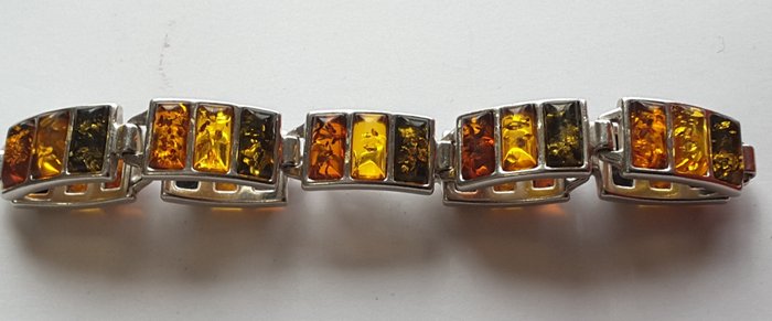 Zonder Minimumprijs - Schakelarmband Vintage schakelarmband (Panelen) 925 zilver en Authentiek fossiel Baltisch Amber in drie tinten Barnsteen 