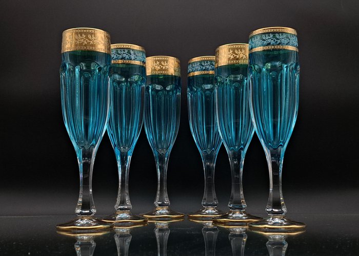 Kieliszek do szampana typu flet (6) - ręcznie cięte - Kryształ, pr. 999 (24-karatowe złoto)