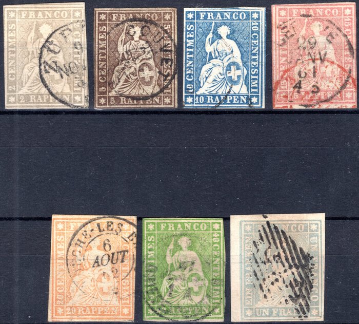 Szwajcaria 1854 - „Alegoria siedzącej Helvetii” – cała seria używana z kilkoma odwołaniami, doskonałe marże - Unificato n° 25/31