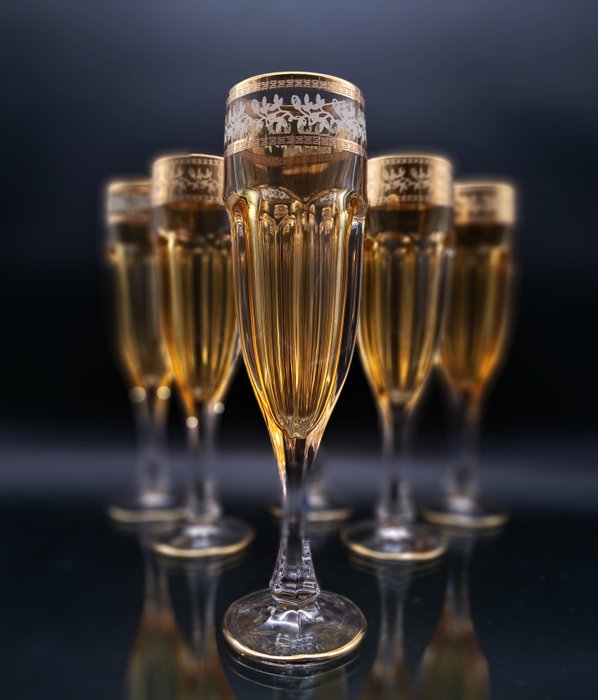 Champagne flute (6) - 手切 - .999 (24 kt) 黃金, 水晶
