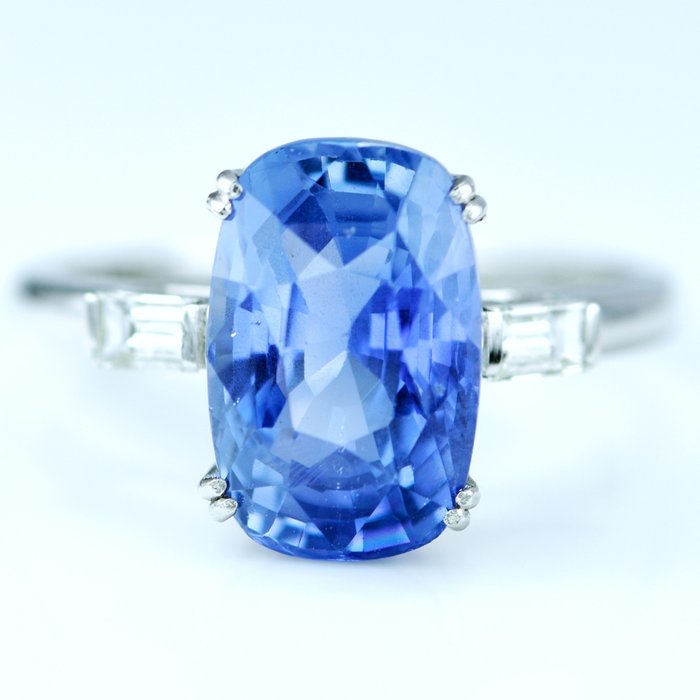 戒指 鉑金 -  6.28ct. tw. 藍寶石 - 鉆石 - 斯里蘭卡無熱藍寶石