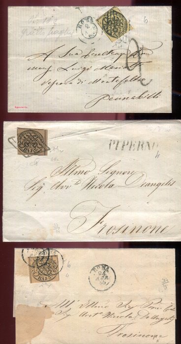意大利古國－教宗國 1852/1862 - 手工和機器用 3 張 baj 紙蓋印的 3 個文件 - Sassone  4, 4A, 4Aa,