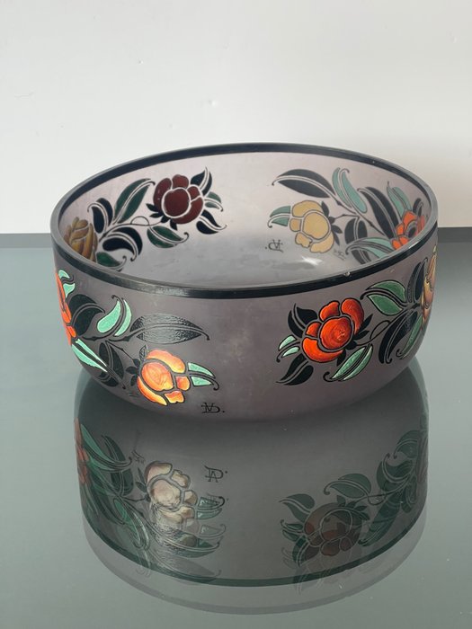 盘子 - 珐琅玻璃，风格化装饰艺术花卉装饰 1925 年签名