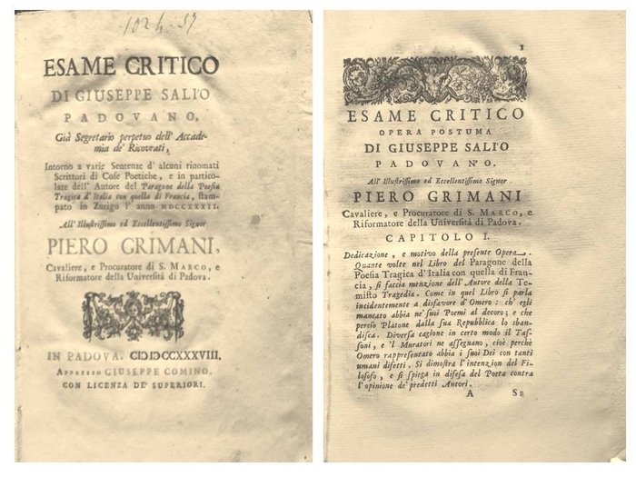 Salio Giuseppe / Comino - Esame critico intorno a varie sentenze d'alcuni rinomati scrittori di cose poetiche - 1738
