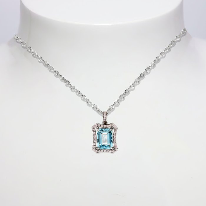 Ohne Mindestpreis - IGI 1.97 tw - Halskette mit Anhänger - 14 kt Weißgold Aquamarin - Diamant 