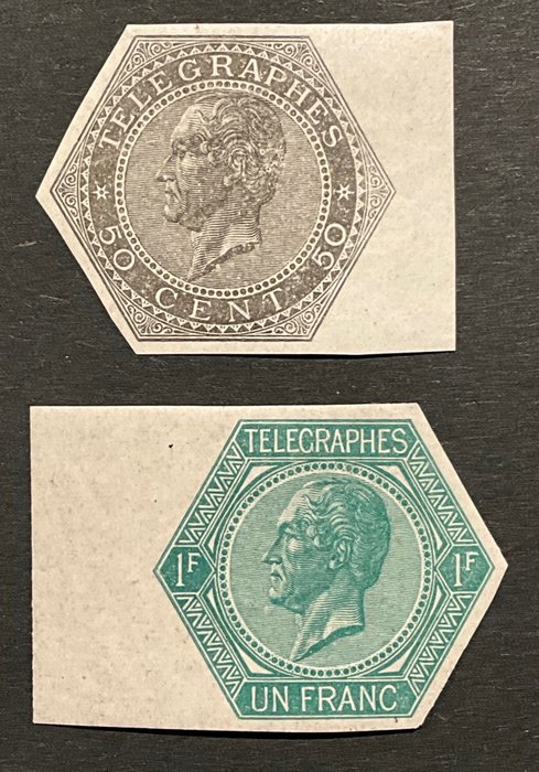 Belgien 1861 - Leopold I Telegrafstämplar 50c Svartgrå + 1fr Blågrön - OPUTTAD med arkkant - TG1/2ND