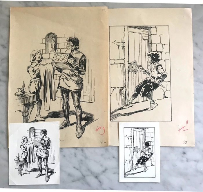 Piet van Geldrop (1872-1939) - 2 Originele illustraties voor een jongensboek + bijbehorende  proefdrukken
