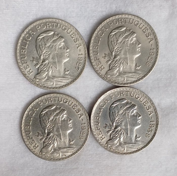 Portugal. Republic. 1 Escudo 1927, 1928, 1929, 1939 (4 moedas)