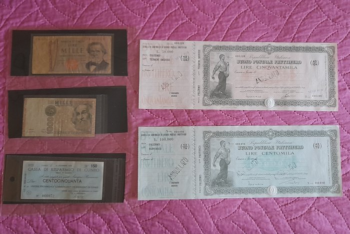 Colección de bonos y acciones - 2x bonos de ahorro postal, 2x billetes vencidos, 1x minicheque