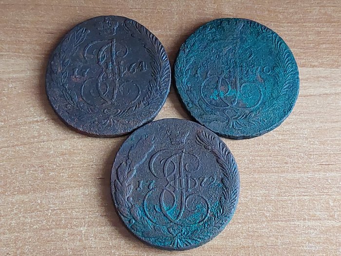 Ryssland. Catherine II (1762-1796). Lot of 3x large copper 5 Kopek coins 1764, 1770, 1772 EM  (Utan reservationspris)