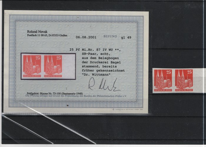 Alemanha - Áreas postais locais  - AM Post 87 IV WU mint nunca dependia de um par de certificados Nowak - Deutschland Michel Spezial 2022