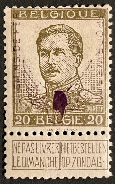 比利时 1915 - 铁路邮票 - 带翼轮 - 20 生丁 橄榄色 - 多个签名 - OBP TR50B - Met certificaat