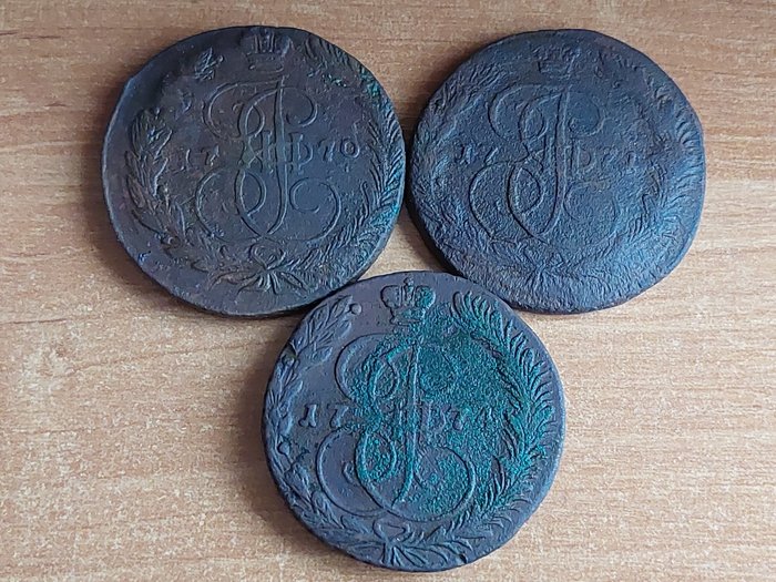 俄罗斯. Catherine II (1762-1796). Lot of 3x large copper 5 Kopek coins 1770, 1771, 1774 EM  (没有保留价)