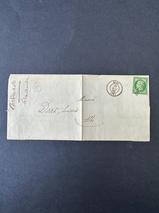 Franța  - Y&T 12 "Napoleon 5c green" pe scrisoare de la Albi - stare foarte buna