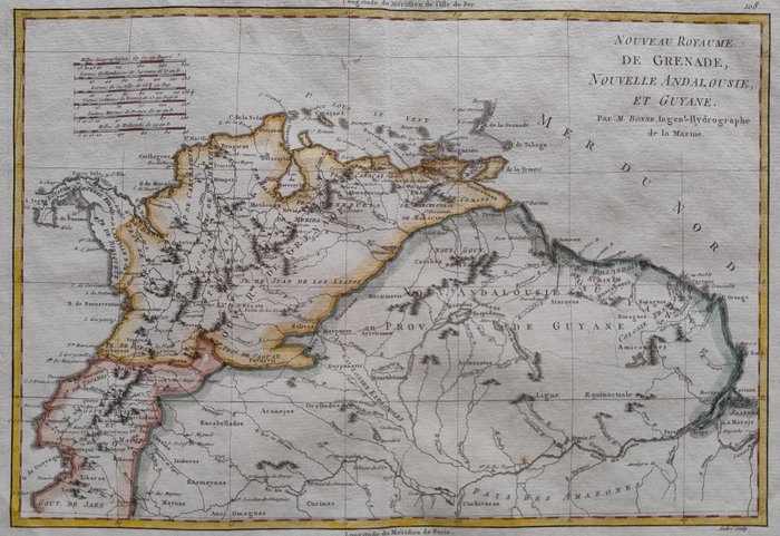 Amerika, Kort - Sydamerika / Venezuela / Colombia; Bonne / Desmarest - Nouveau Royaume de Grenade, Nouvelle Andalousie, et Guyane - 1787