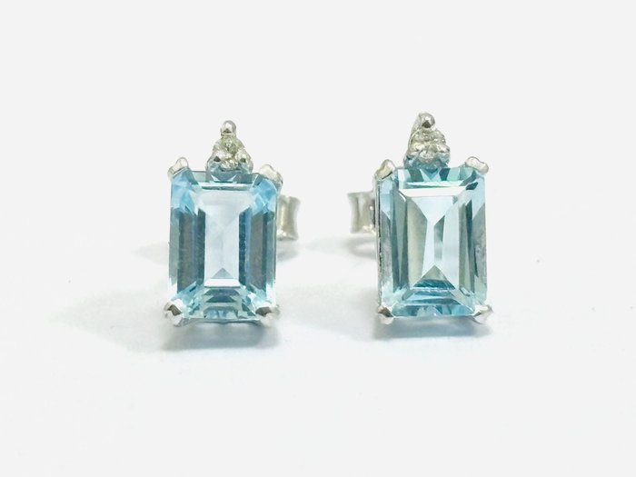 Earrings - 18 kt. White gold -  3.15 tw. Aquamarine - Diamond - Made in Italy