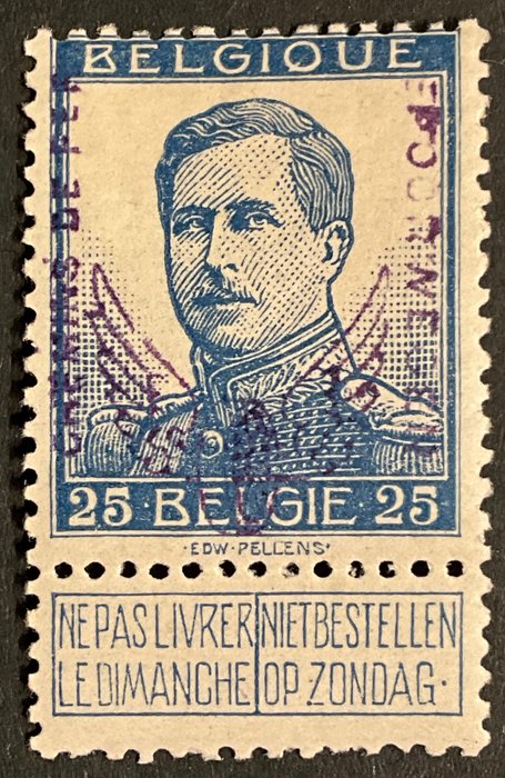 比利时 1915 - 铁路邮票 - 翼轮 - 25 生丁 蓝色 - 多个签名 - OBP TR51A