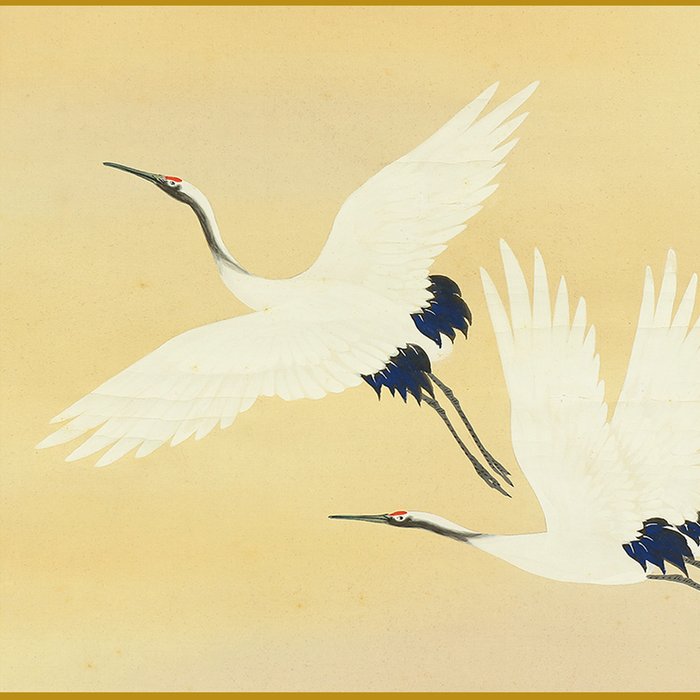 Flying Two Cranes - with signature and seal 'Hiro' 比呂 - Japan  (Ohne Mindestpreis)