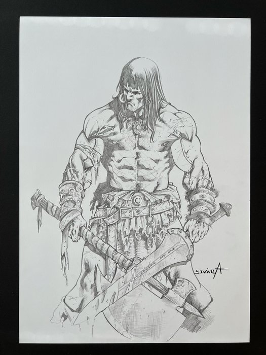 Sergio Davila - 1 Original drawing - Conan mit Schwert und Axt Bleistiftzeichnung