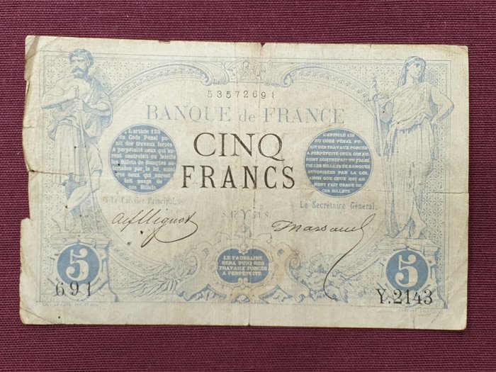 Ranska. - 5 Francs NOIR 1873 (17 Mars) - Fayette 01-16 / Pick 60  (Ei pohjahintaa)