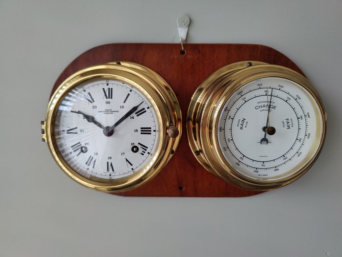 Reloj de pared - Juego de reloj y barómetro de barco - Wempe chronometerwerke Hamburg - Latón, Madera - 1950-1960
