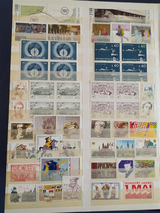 世界  - 大型庫存冊，含約 1600 張郵票，包括 4 + 1 10 主題 S/S 系列和版塊