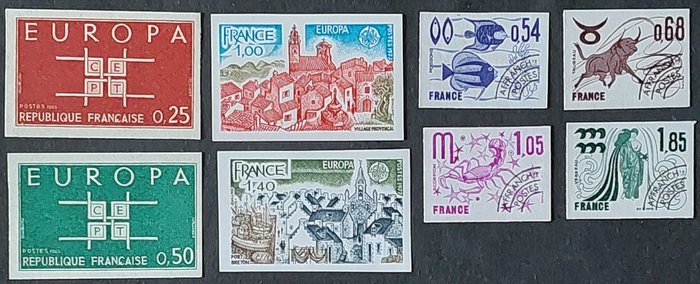 França  - 8 selos de luxo não perfurados** - Yvert 1396-97, 1928-29 et préoblitéré 146-149